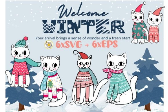 Christmas Cats in Sweater Set: Cute Illustrations