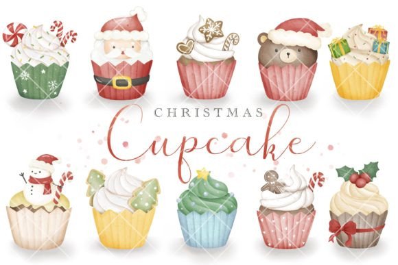 Christmas Cupcakes Watercolor Clipart & Illustrations