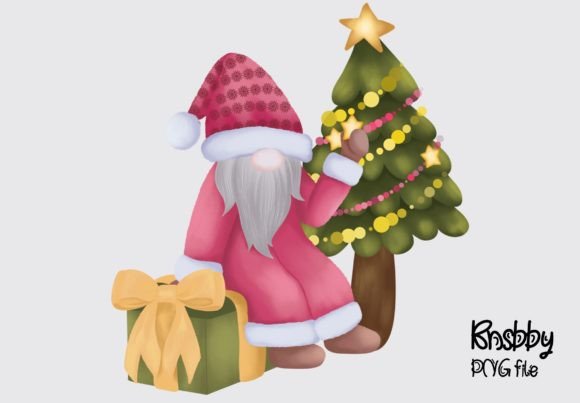 Christmas Gnome with Tree and Gift Box Illustrations