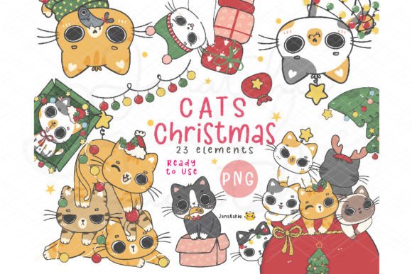 Kawaii Christmas Naughty Cats Party Clip: Fun Illustrations