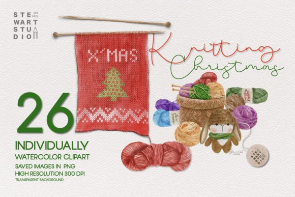 Knitting Christmas Watercolor Clipart Illustrations