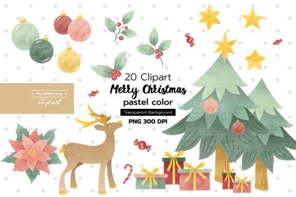 Merry Christmas Clipart Pastel Color: Soft Illustrations